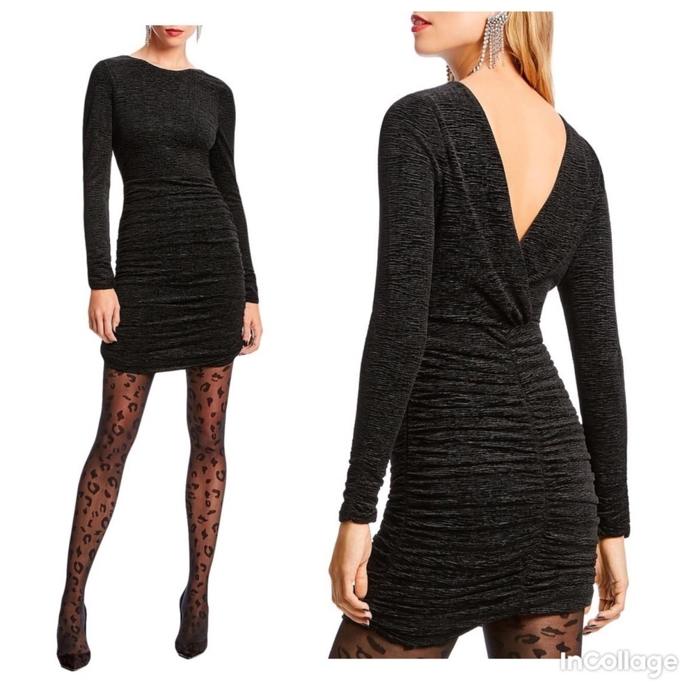 ✅ NWT LINI Womens Devon Cocktail Dress Long Sleeve Velvet Ruched Black S